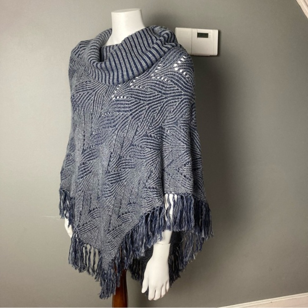 BCBG MaxAzria poncho sweater turtle funnel neck fringe denim blue grey one size